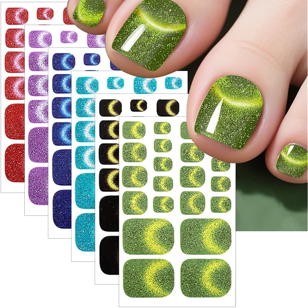 6Sheet/132Pcs Glitter Cat Eye Toe Nail Stickers Full Cover Gel Nail Wraps Strips Toenail Stickers Colorful Stick On Nail Polish Sticker for Toes Sticker Nails Self Adhesive 22Tip Toenail Nails Decals