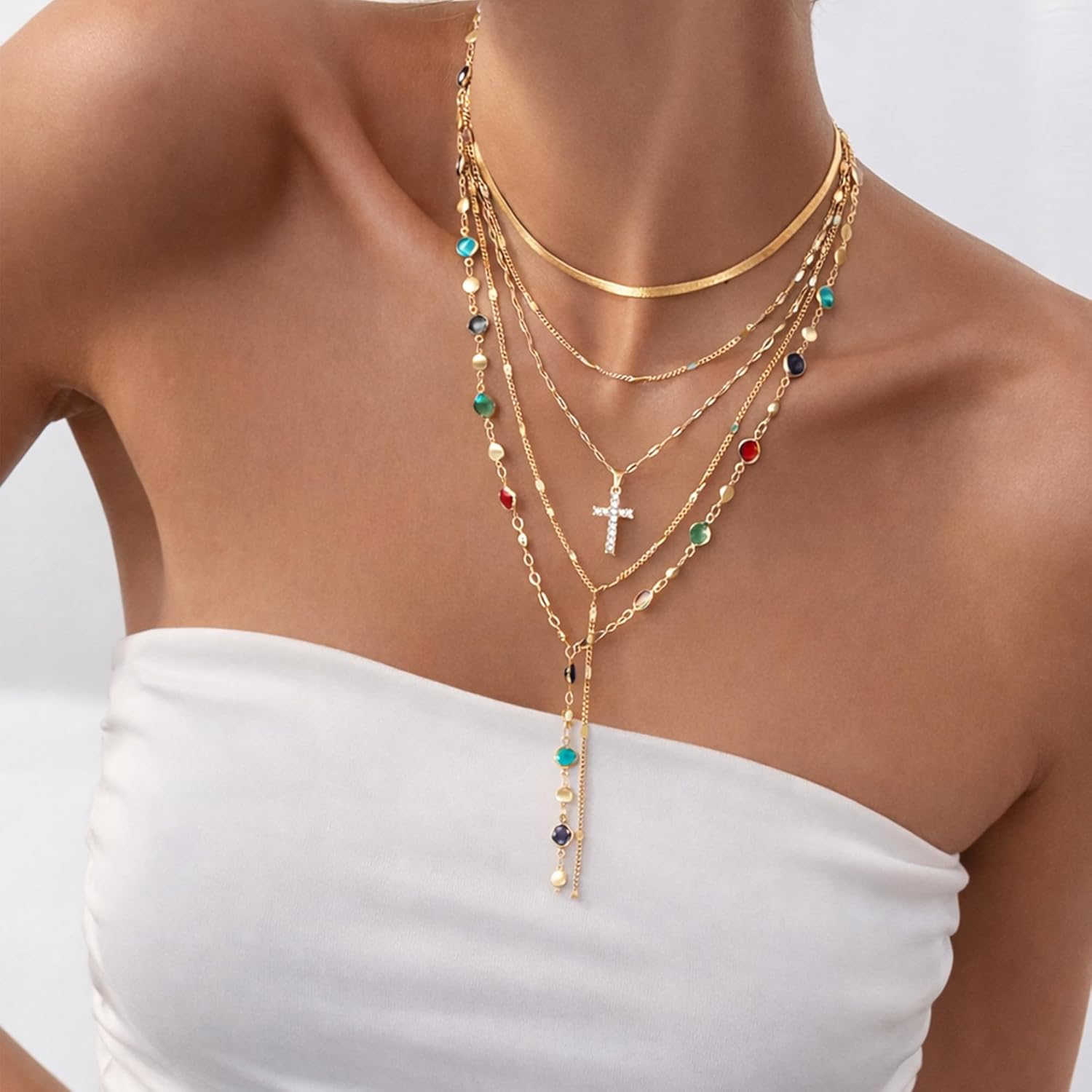 FAXHION 5PCS 14k Gold Plated Cross Necklaces for Women, Pendant Stacked Layered Diamond Y Long Boho Jewelry Sets Adjustable Accessories Trendy Gifts for Women