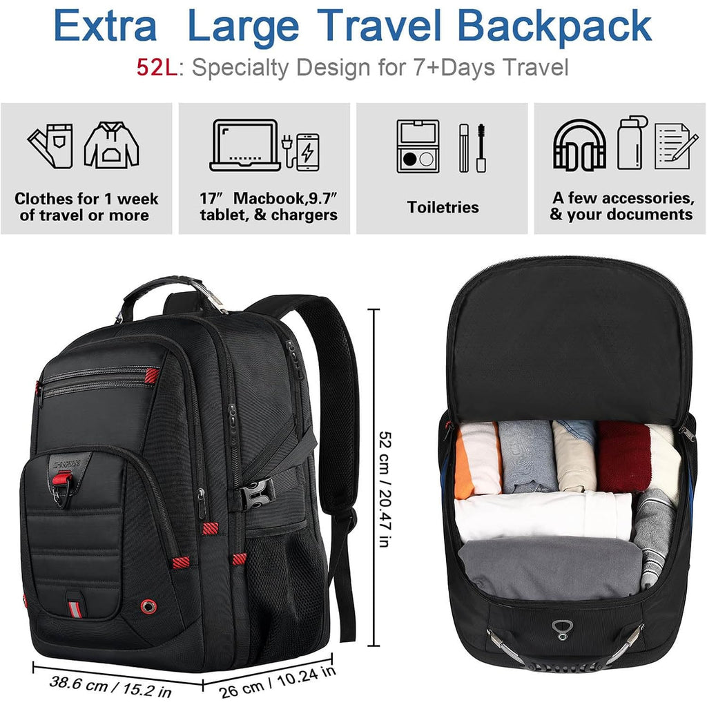 52L Extra Large Travel Backpack For Men&Women, Fit 17.3" Laptops | Lifetimewarranty, Large Capacity, Long-Term Durability, Tsa Friendly,Anti-Theft,Water Resistant,Business,College Rucksack Bag