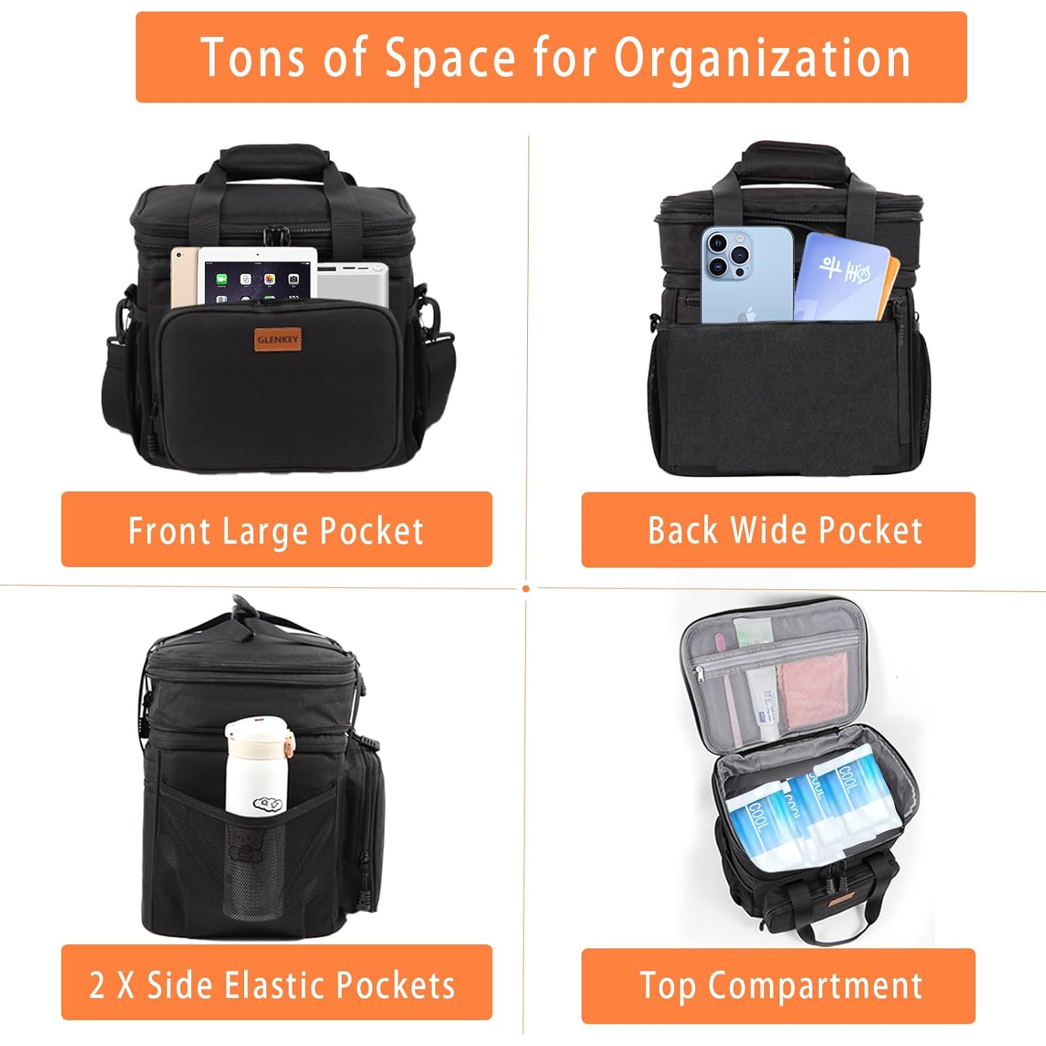 GLENKEY Expandable Lunch Box Cooler Bag - Insulated Soft Lunch Bag for Men Women - Large Lunchbox for Adults Work Camping Outdoor Travel Black 16L