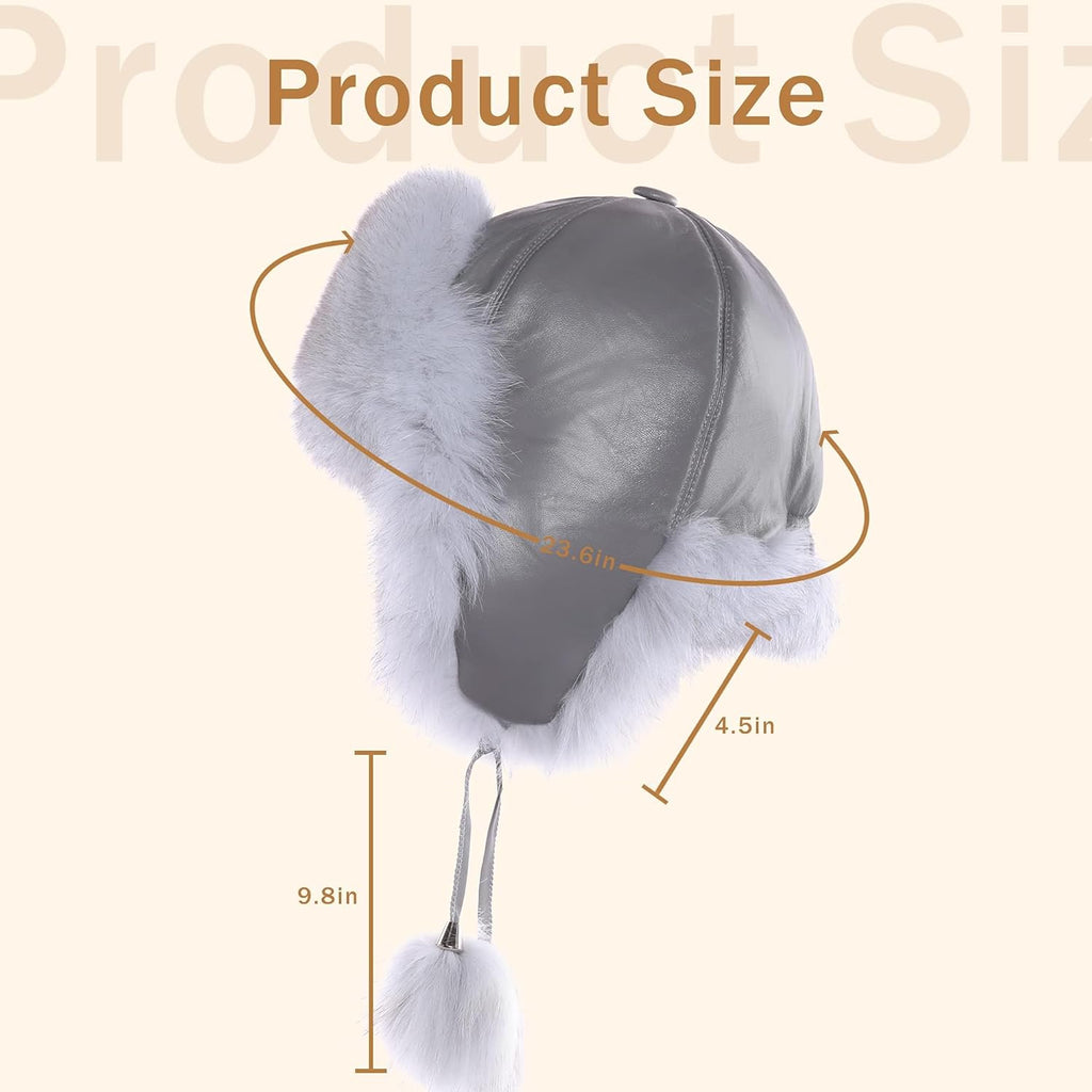 Women Real Fur Trapper Hat Sheepskin Leather Aviator Hat Ear Flaps Ushanka Hat Snow Hat with Pom Pom