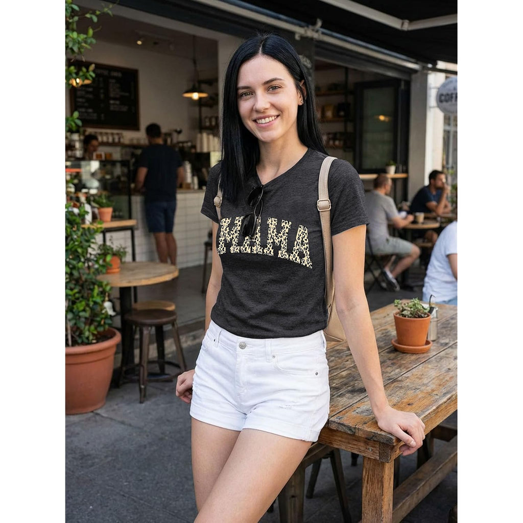 Mama Shirts for Women Mama Letter Print Tshirt Floral Graphic Tee Auntie Shirt Casual Mothers Gift Tops Darkgrey4