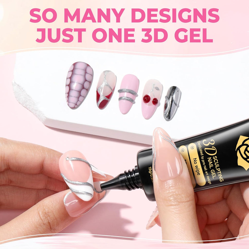 UNA GELLA Metallic Silver 3D Gel Nail Art 15g, No Wipe Sculpting Gel Polish for Nail Designs, Charms and Gems Decoration, Lamp Curing Required DIY Art Salon at Home