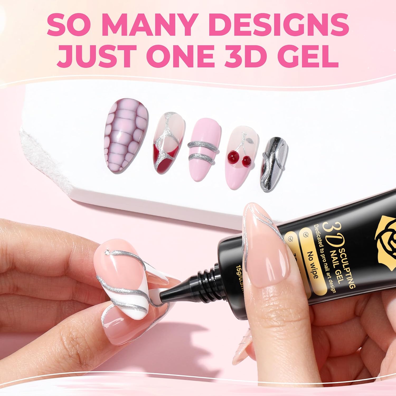 UNA GELLA Metallic Silver 3D Gel Nail Art 15g, No Wipe Sculpting Gel Polish for Nail Designs, Charms and Gems Decoration, Lamp Curing Required DIY Art Salon at Home