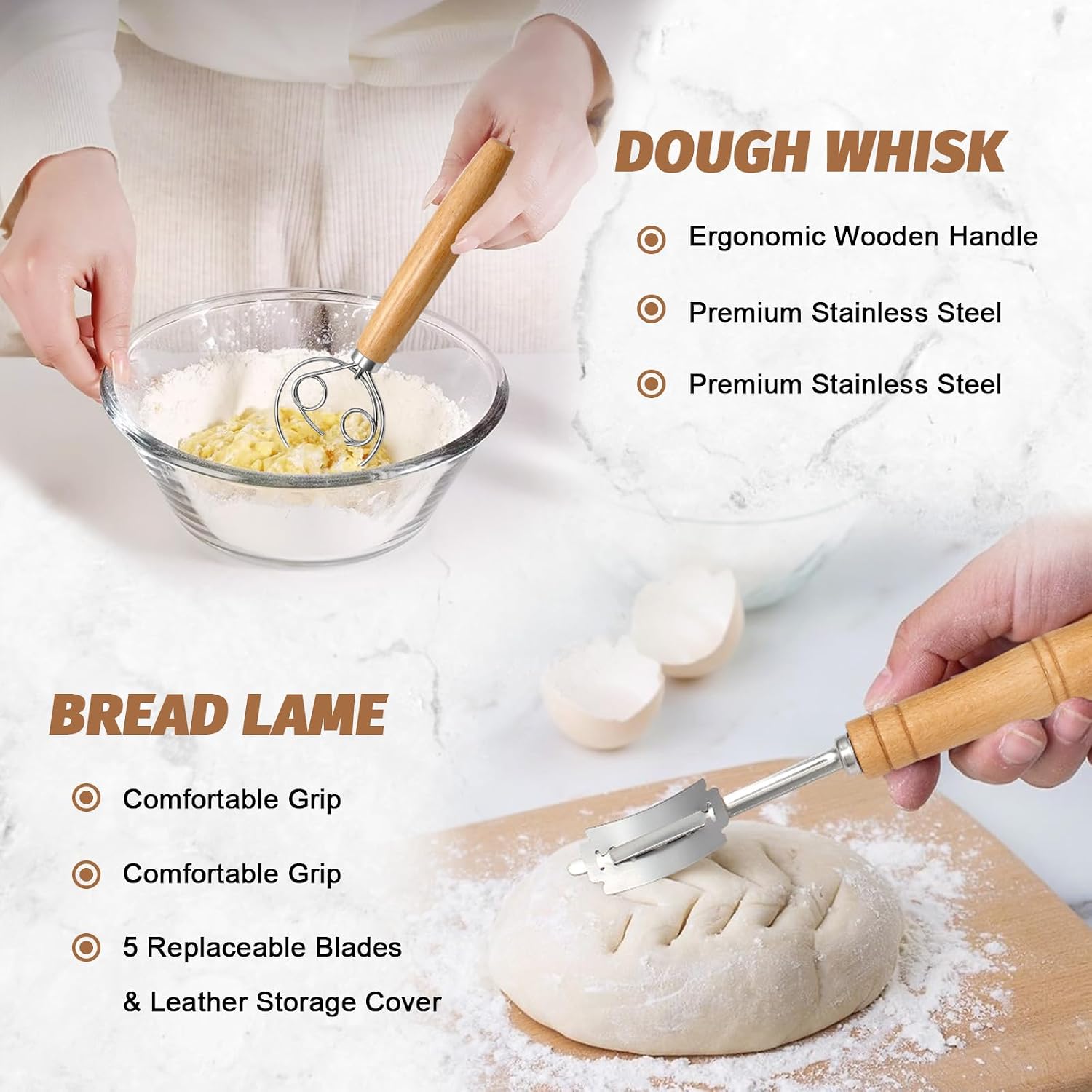 Sourdough Proofing Basket Gift Set, 9" Round And 10" Oval Banneton Bread Baking Supplies, Sourdough Baskets With Bread Lame, Danish Whish, Bowl Scraper, Sourdough Scraper, And Linen Liner