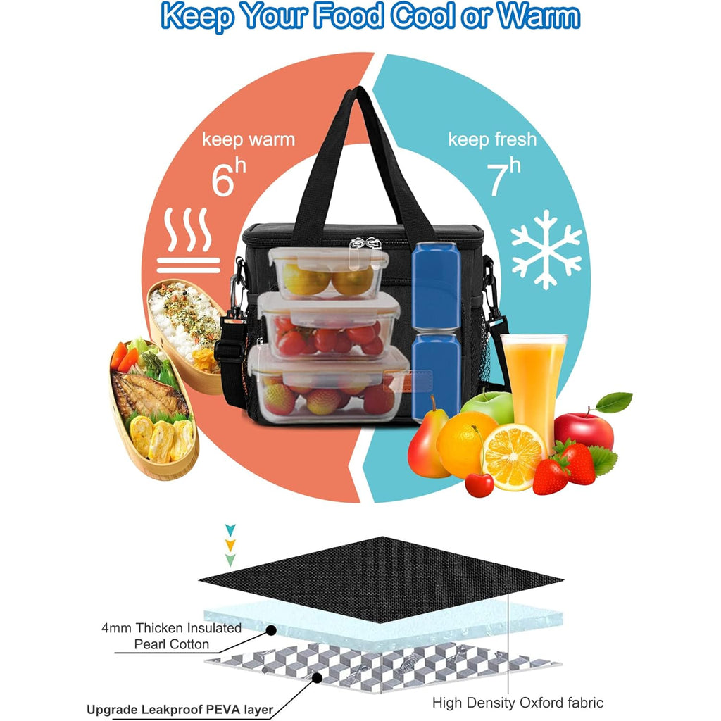 Femuar Reusable Lunch Box for Men/Women - Insulated Lunch Bag Leakproof Lunchbox for Work Office Picnic Beach - Freezable Lunch Cooler Bag with Adjustable Shoulder Strap - Black