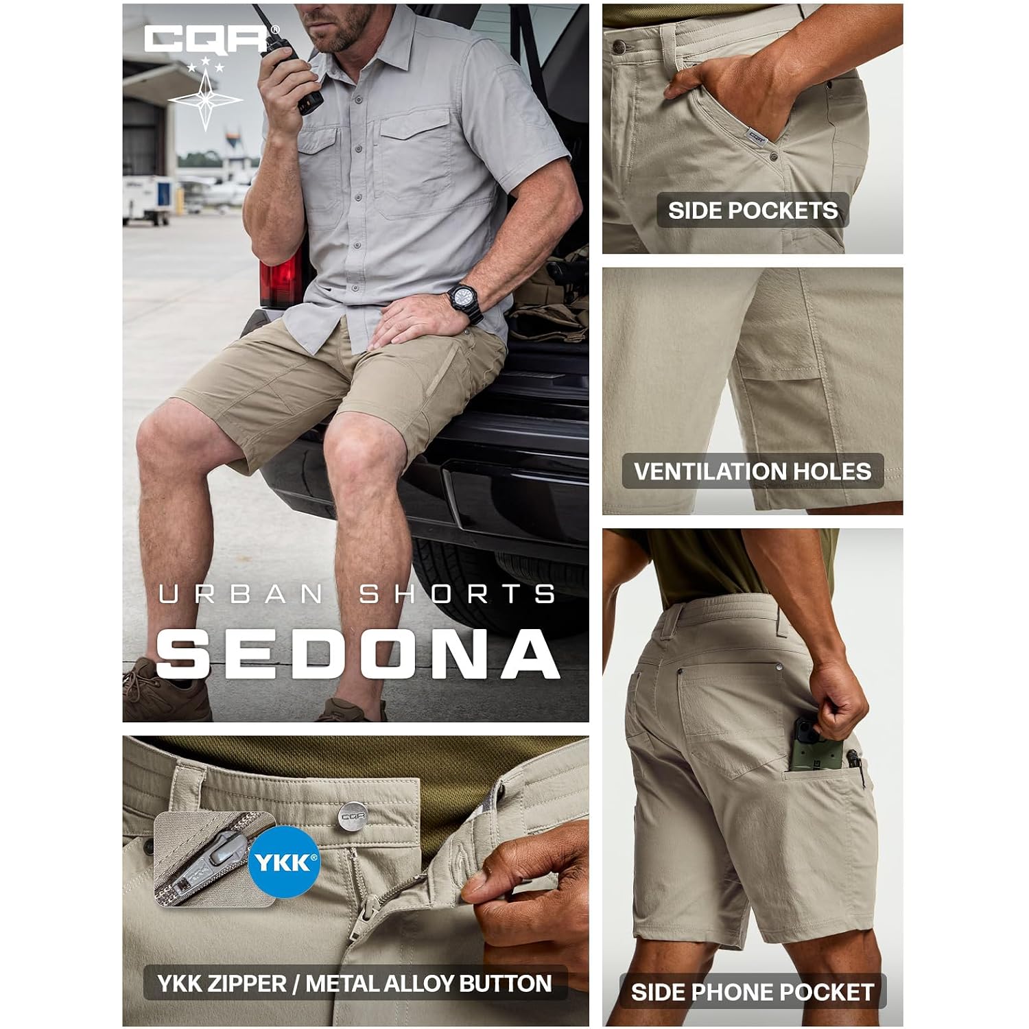 Cqr Men'S Stretch Utility Shorts, Lightweight Quick Dry Casual Shorts, Hiking Golf Cargo Shorts With Zipper Pockets