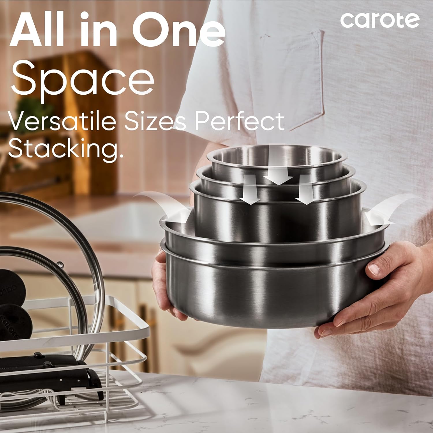 CAROTE Pots and Pans Set, Stainless Steel Cookware Set Detachable Handle, 15pcs Induction Kitchen Cookware Sets with Removable Handle, RV Cookware Set, Oven Safe, Mothers Day Gifts