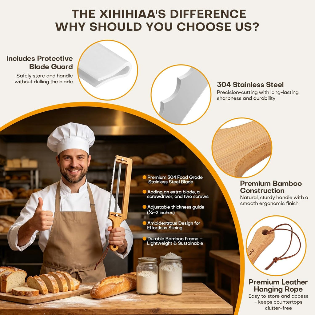 Adjustable Bread Knife For Homemade Bread Sourdough, Bamboo Handle | 304 Stainless Steel, Precision Slicing Guide, Bow Bread Knife With Extra Blade, Manual Bread Cutter, Gift For Bakers