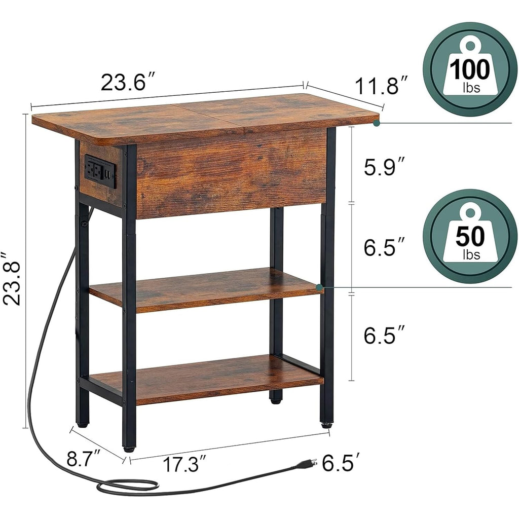 Yoobure End Table With Charging Station, Flip Top Side Table With Usb Ports And Outlets, Sofa Couch Table Bedside Table For Living Room Bedroom, Narrow Nightstand With Storage Shelves For Small Space