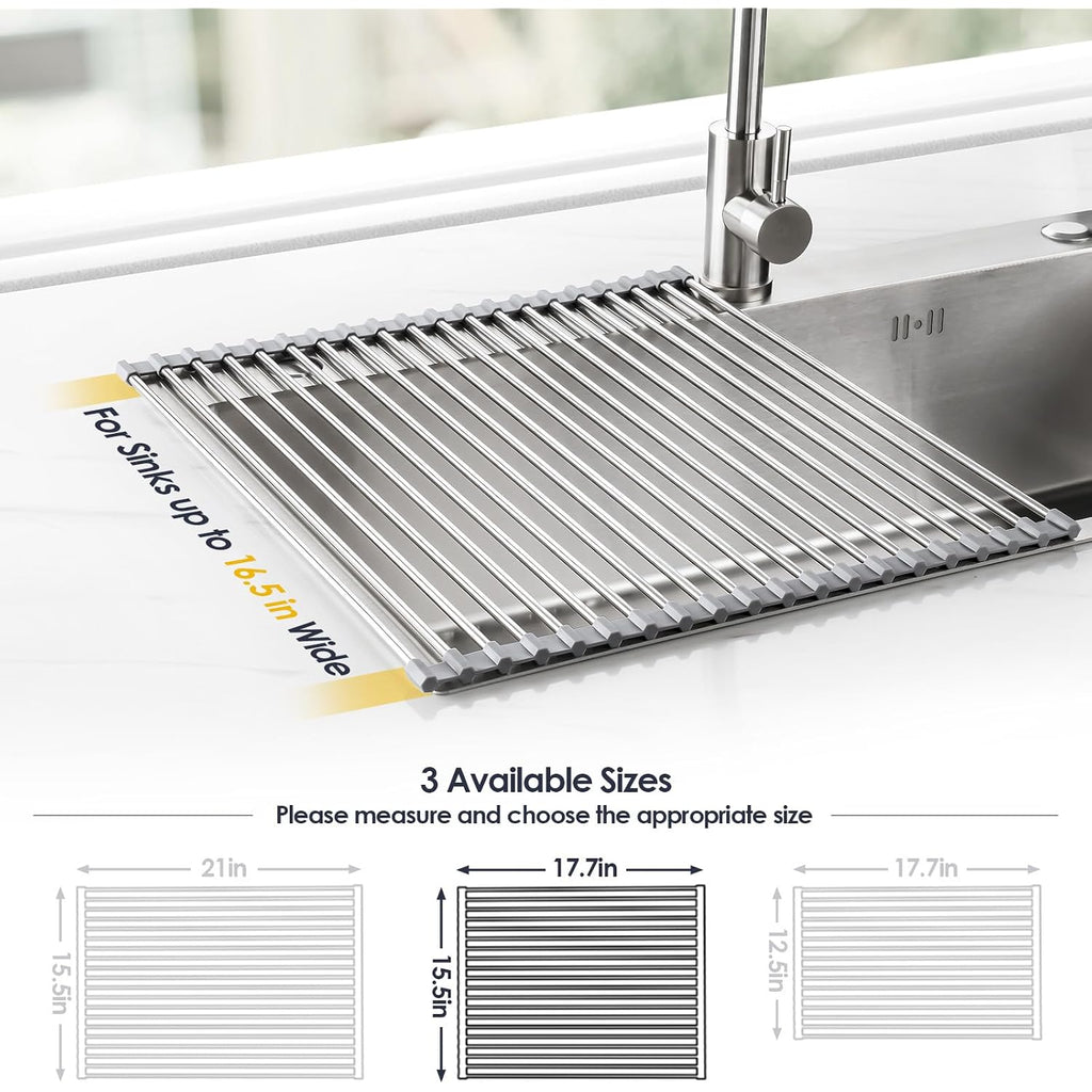 Tomorotec Roll Up Dish Drying Rack Over Sink, 17.7X15.5In, 304 Stainless Steel With Bpa-Free Silicone Edges, Heat-Resistant Trivet For Hot Pans, Holds Up To 70 Lbs, Rolls Up For Compact Storage