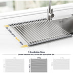 Tomorotec Roll Up Dish Drying Rack Over Sink, 17.7X15.5In, 304 Stainless Steel With Bpa-Free Silicone Edges, Heat-Resistant Trivet For Hot Pans, Holds Up To 70 Lbs, Rolls Up For Compact Storage