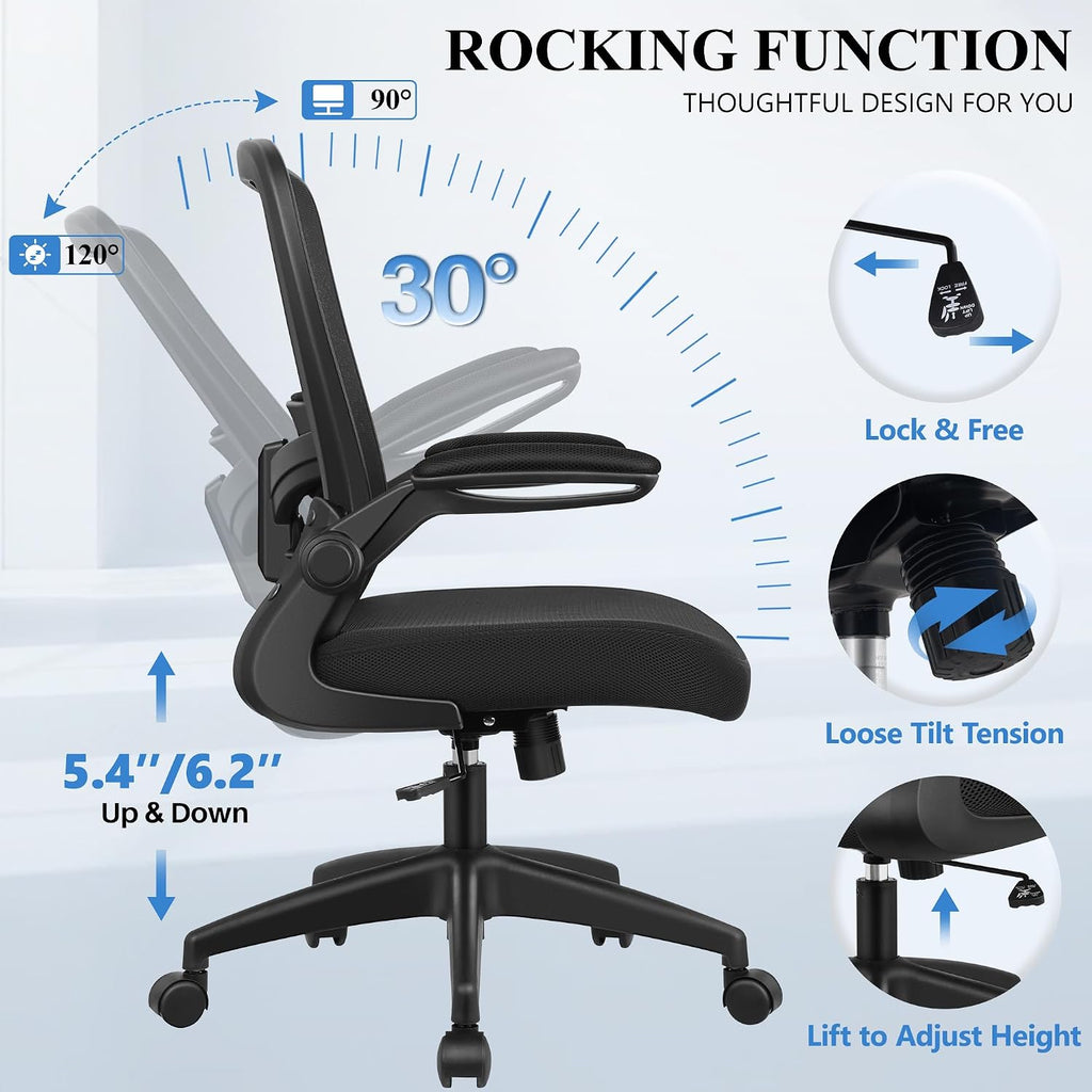 Felixking Office Chair, Ergonomic Desk Chair Breathable Mesh Chairs Adjustable High Back Lumbar Support Flip-Up Armrests, Executive Rolling Swivel Comfy Computer Chairs Home Office Black