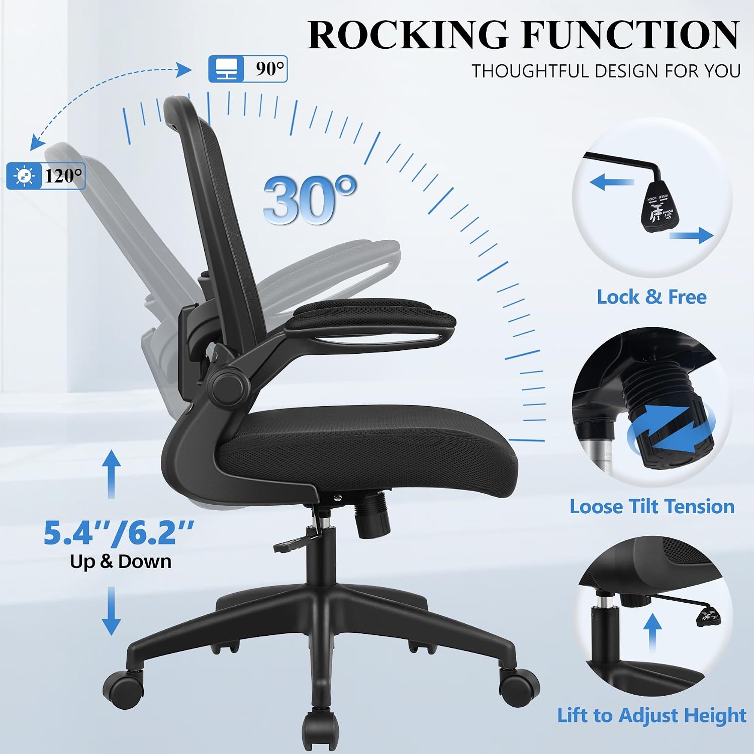 Felixking Office Chair, Ergonomic Desk Chair Breathable Mesh Chairs Adjustable High Back Lumbar Support Flip-Up Armrests, Executive Rolling Swivel Comfy Computer Chairs Home Office Black