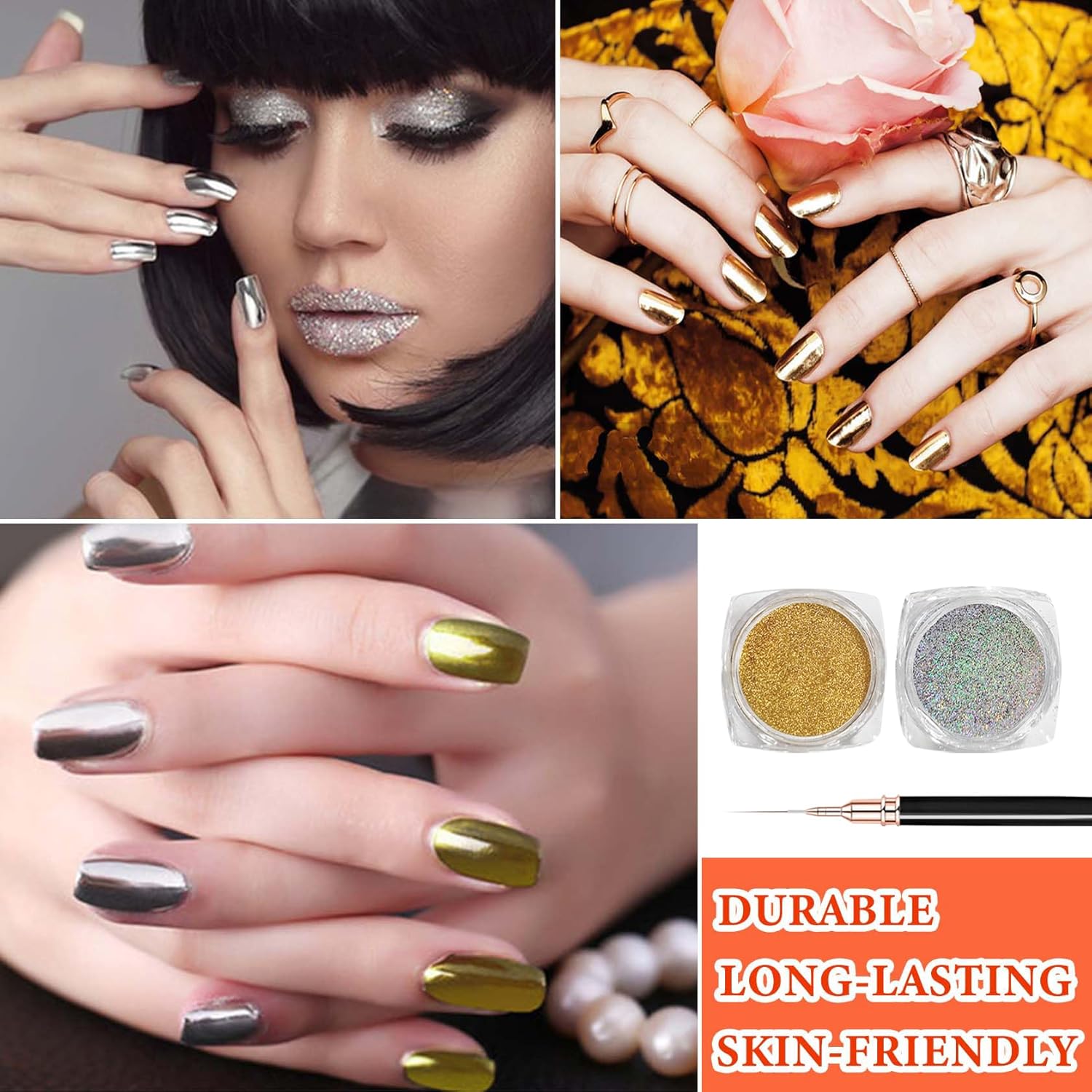4PCS Gold Silver Chrome Nail Powder,Holographic Highly Pigmented Chrome Powder,Nail Powder Magic Art Mirror Titanium Alloy Chrome Powder Art Decoration Set