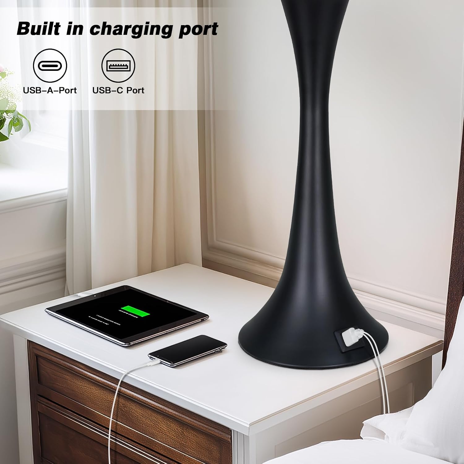 27.5" Table Lamps Set Of 2, Touch Bedside Lamps With Usb C+A Ports, 3 Way Dimmable Nightstand Lamps For Bedroom, Living Room, Office, Black Lamp With Beige Lampshade, Bulbs Included