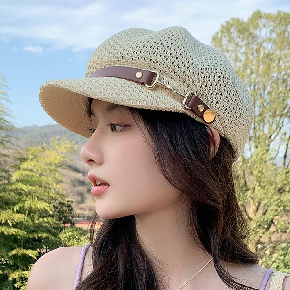 Molodo Womens Summer Breathable Newsboy Hat Lightweight Short Brim Cap with Decorative Strap for Casual Outdoor Style Khaki