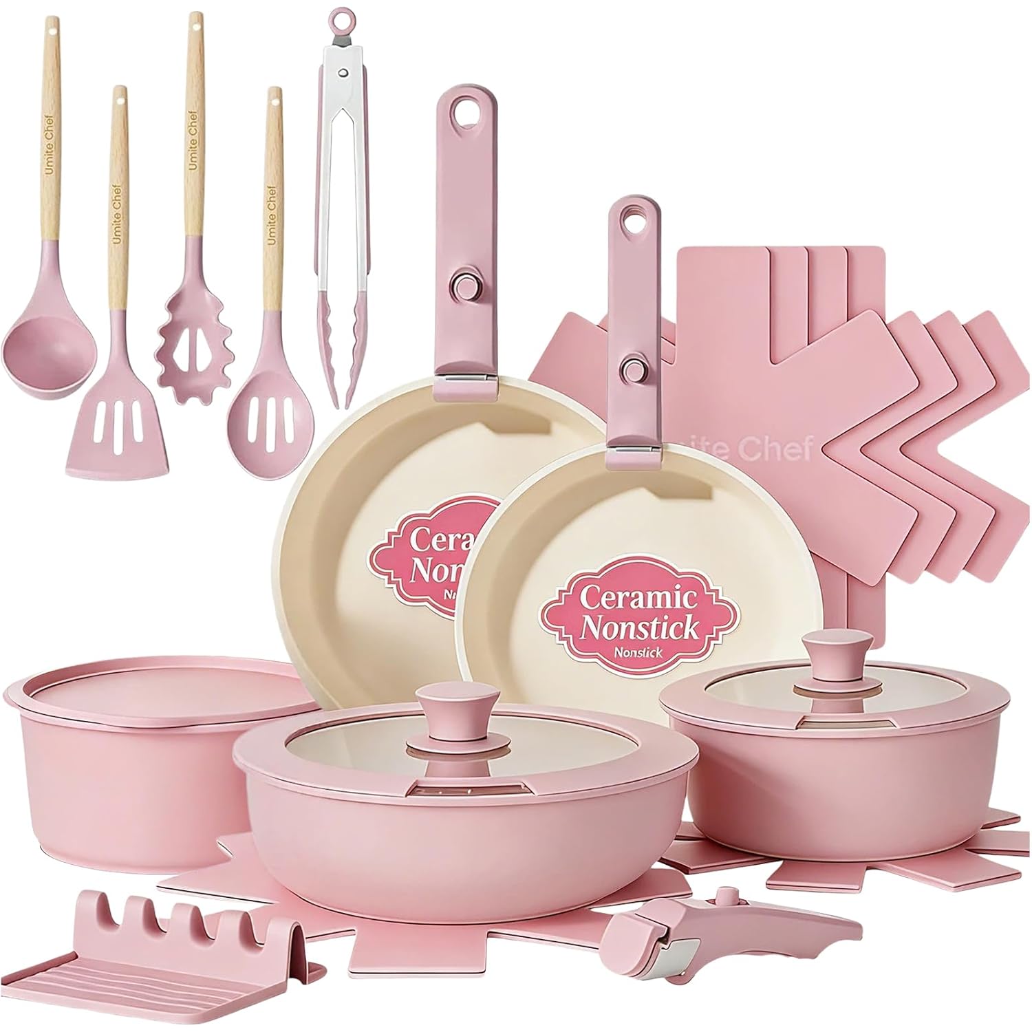 Umite Chef Pots and Pans Set Non Stick, 21 pcs Nonstick Ceramic Cookware Set, RV Kitchen Cooking Set with Detachable Handles, Oven Safe, Induction Cookware, Stackable, Pink, PFAS PFOA & PTFE Free
