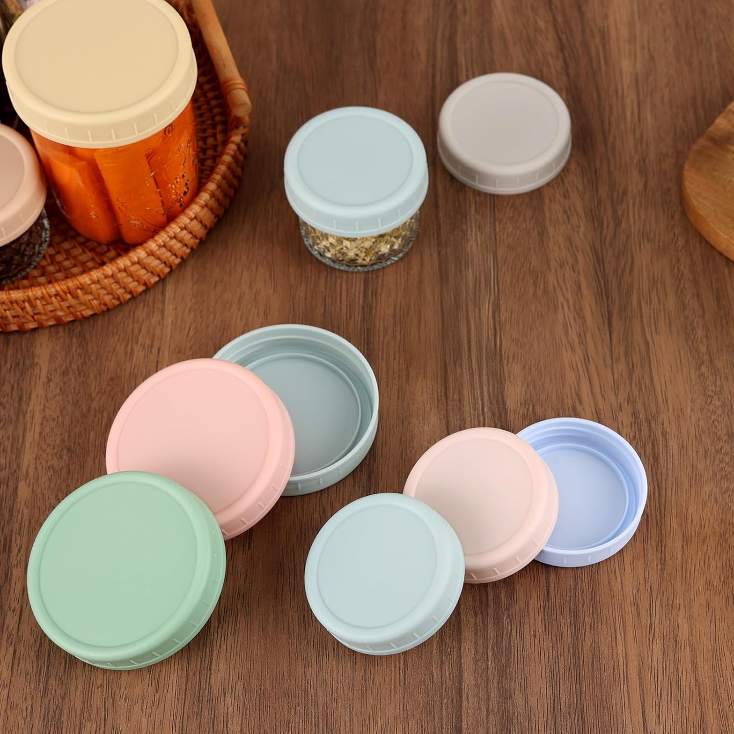 8 Pack Wide Mouth Mason Jar Lids for Ball, Kerr Jars and More, Colored Plastic Reusable Canning Tops with Silicone Rings, Food Grade & Leak-proof