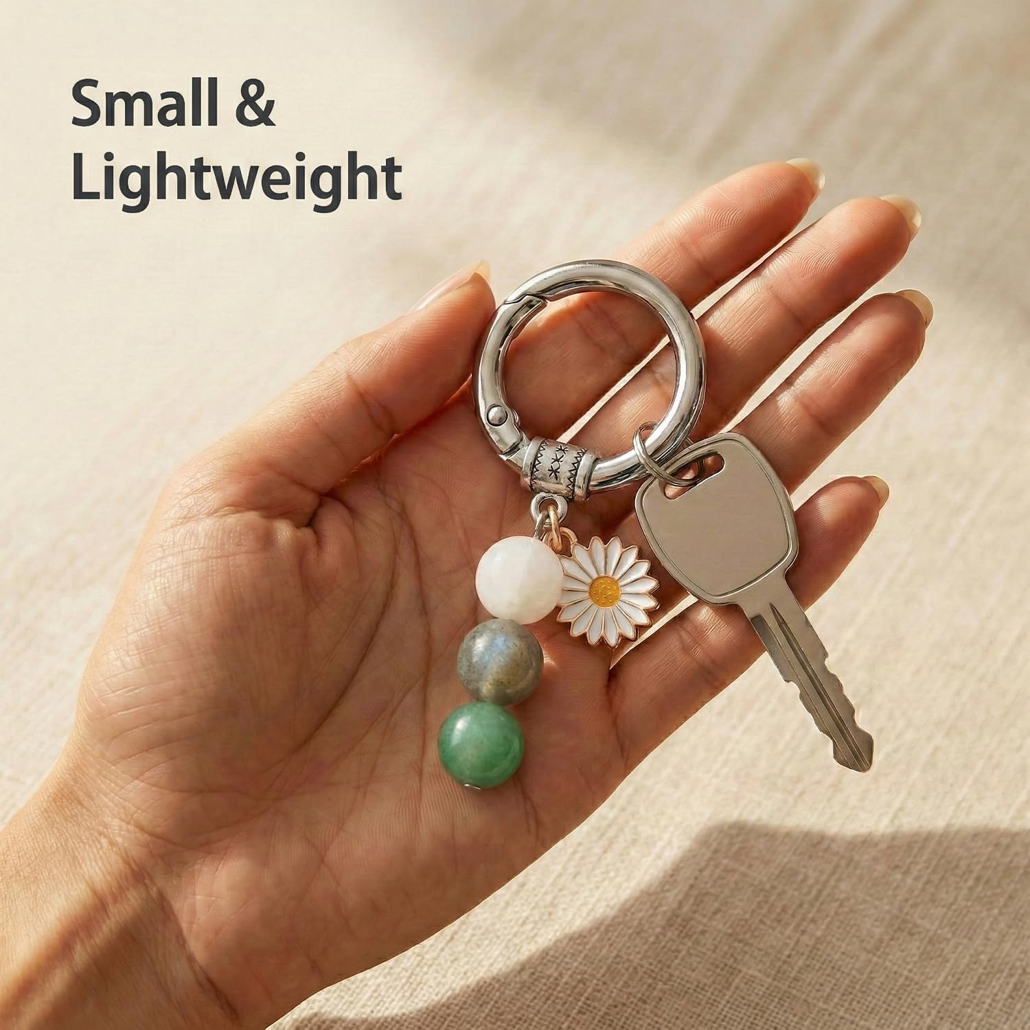 OXIHOUSE&CO- New Beginnings Daisy Keychain for Women, Natural Stone Bead Crystal Keychain, Silver Key Ring with Message Card, New Job Retirement Coworker Farewell Gift