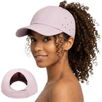 Women Backless Ponytail Baseball Cap for Curly Hair, Afro Puff, High Messy Bun, Adjustable Perforated Ponycap Breathable Flower Cutouts - Wonder Taupe