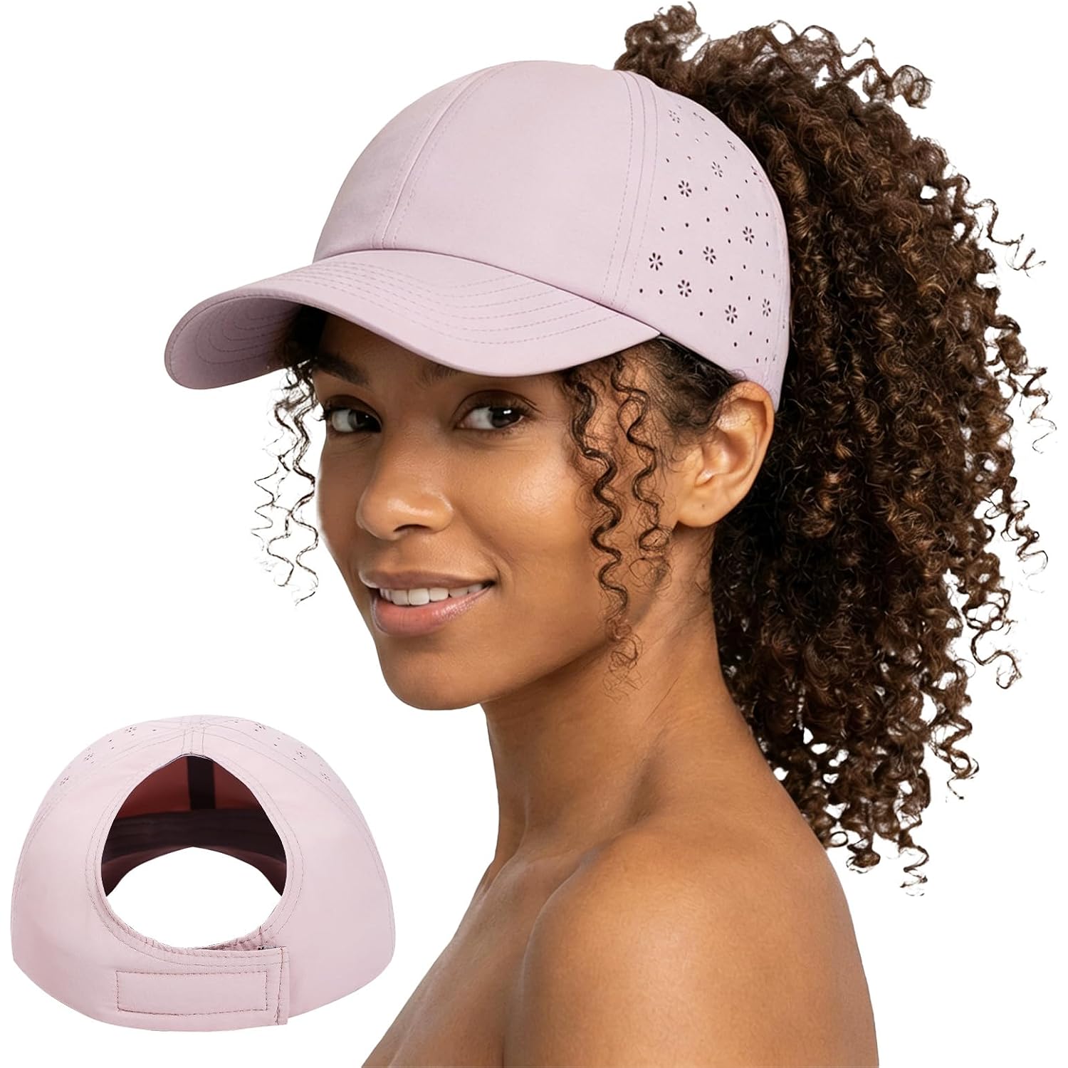 Women Backless Ponytail Baseball Cap for Curly Hair, Afro Puff, High Messy Bun, Adjustable Perforated Ponycap Breathable Flower Cutouts - Wonder Taupe