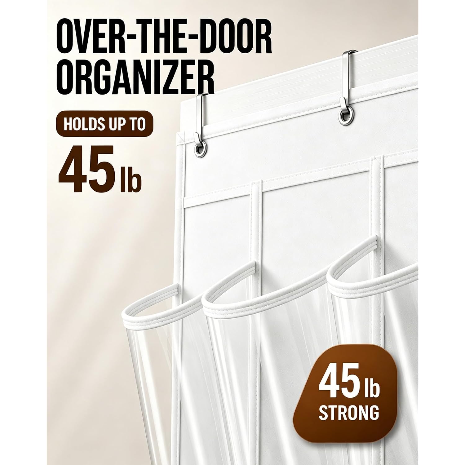 Over The Door Shoe Organizer With 24 Crystal Clear Pockets And Metal Hooks – Heavy Duty Hanging Shoe Storage Rack For Closet, Bathroom, Dorm – Space Saving For Shoes, Accessories, Toys (White)