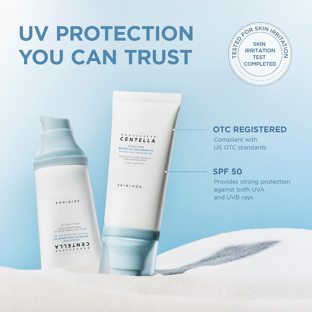 Skin1004 Centella Hyalu-Cica Water-Fit Sun Serum Uv, Korean Sunscreen Spf 50, Centella Sunscreen, Travel Essentials, Sunscreen With Hyaluronic Acid, No White Cast, Korean Skin Care, 1.69 Fl.Oz / 50Ml