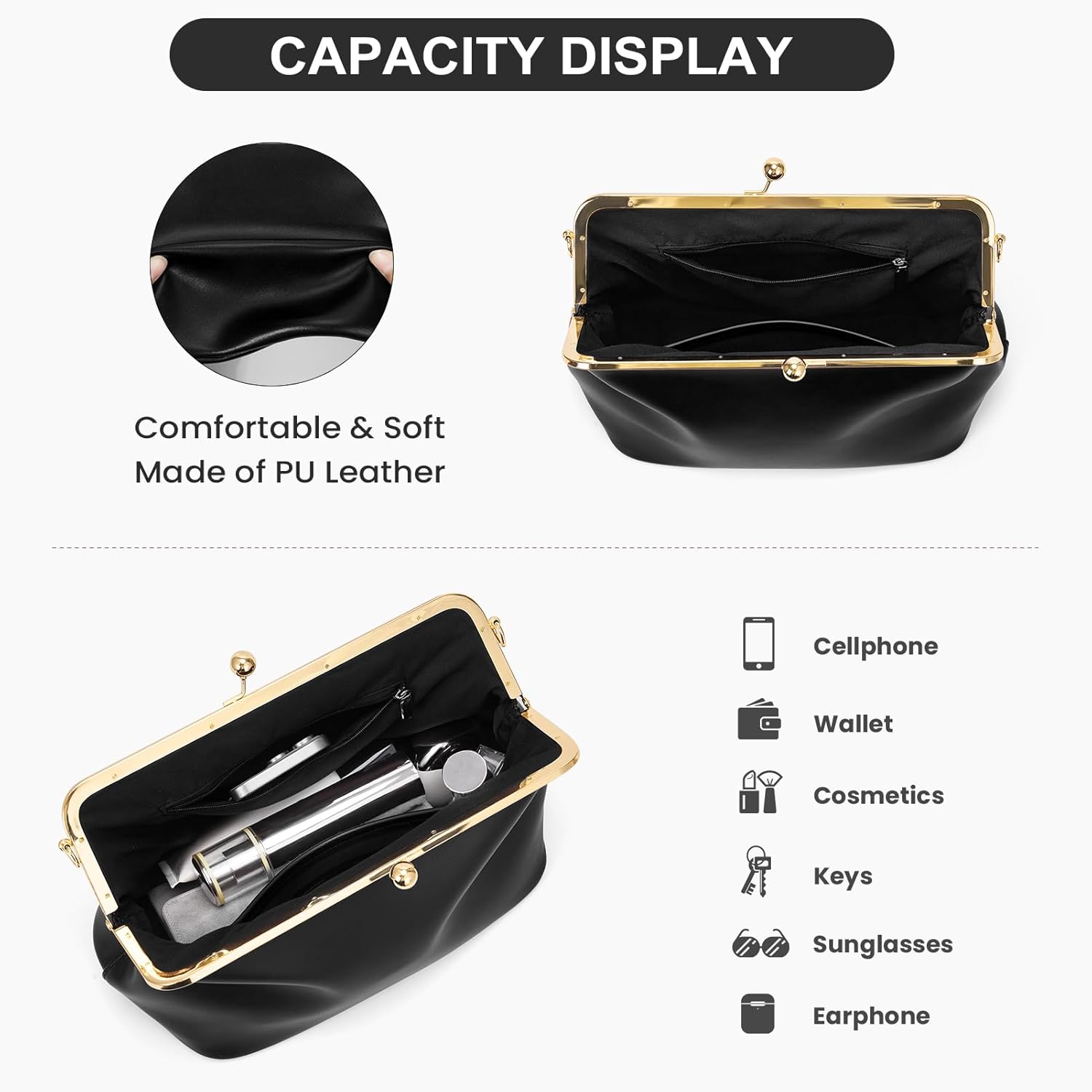Women's Kiss Lock Crossbody Bag PU Medium Handbags Kiss Clasp Crossbody Shoulder Bags Tote Purse Messenger Handbag