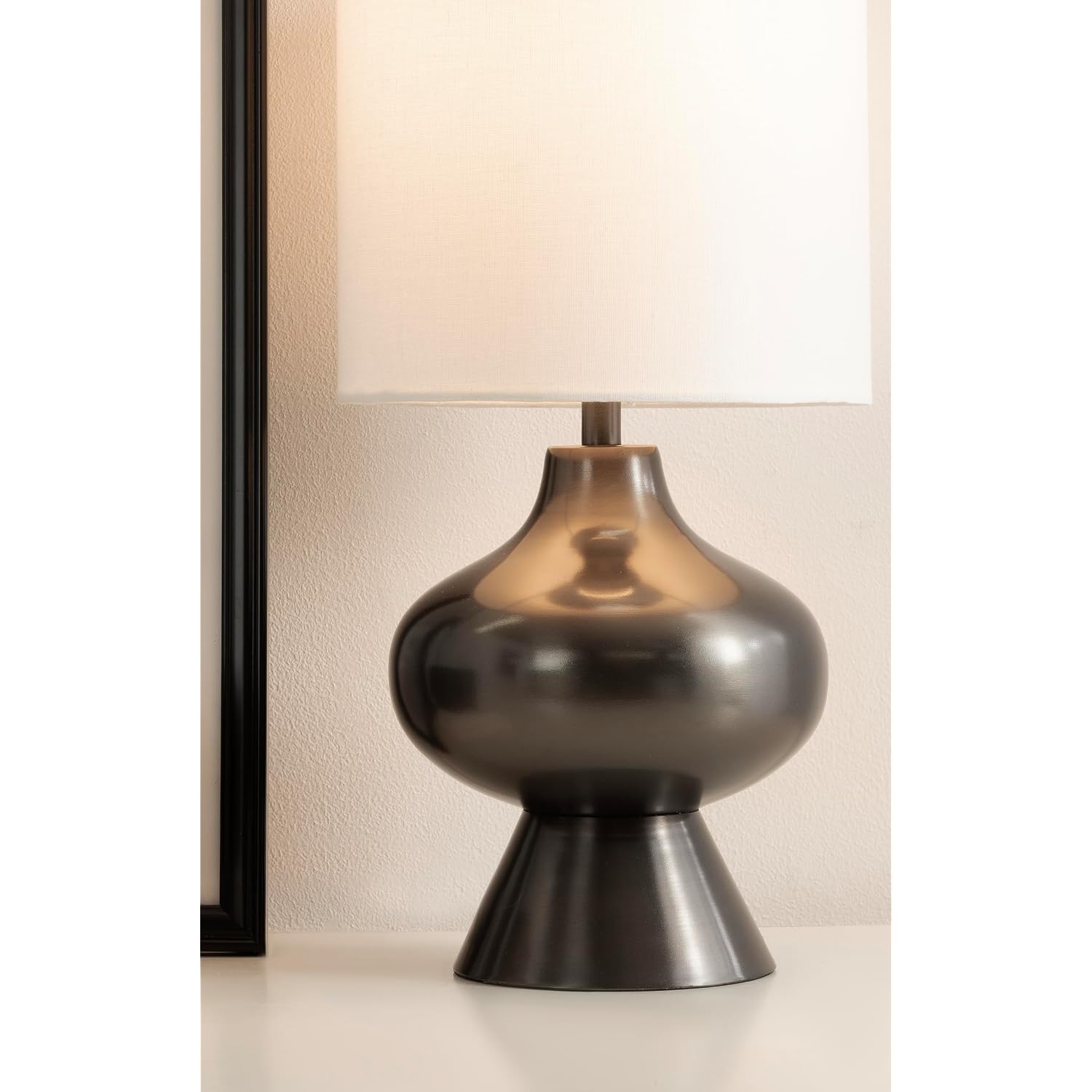 Kate And Laurel Bahira Modern Metal Bedside Table Lamp, 8 X 8 X 17, Gunmetal, Sculptural Decorative Tabletop Desk Lamp With Linen Shade For Living Room Decor