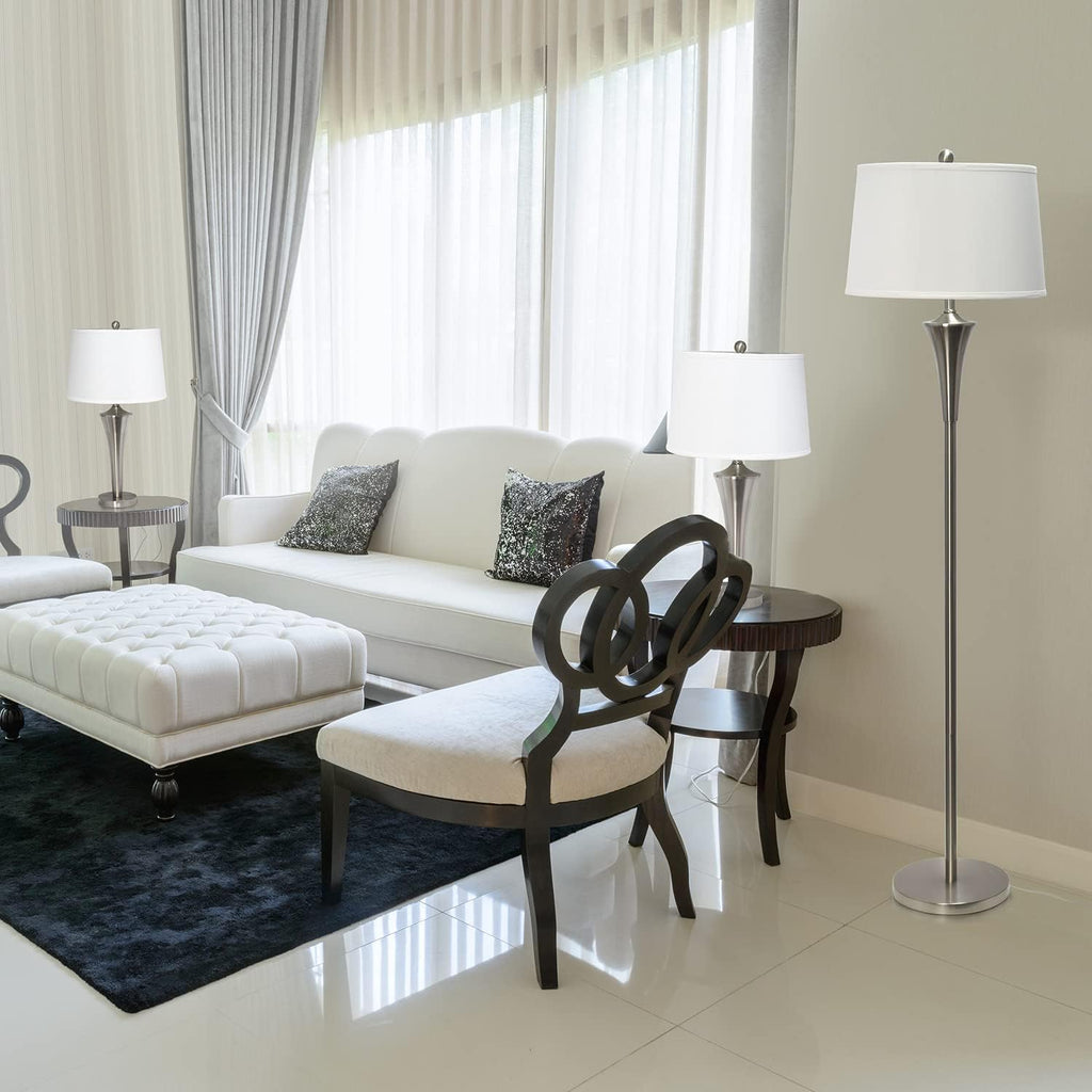 Elegant Designs Lc1020-Bsn Tapered 3 Pack Lamp Set (2 Table Lamps, 1 Floor Lamp) With White Fabric Shades, Brushed Nickel