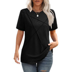 Womens Summer Tops 2026 Pleated Round Neck Short Sleeve Shirts Business Casual