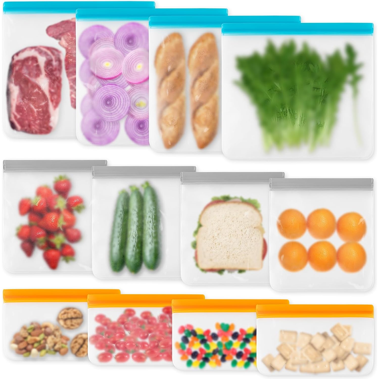 12 Pack Reusable Freezer Bags Dishwasher Safe, Leakproof Food Storage Bags, Silicone Bags For Food Storage Home Organization (4 Reusable Snack Bags 4 Sandwich Bags 4 Gallon Freezer Bags)