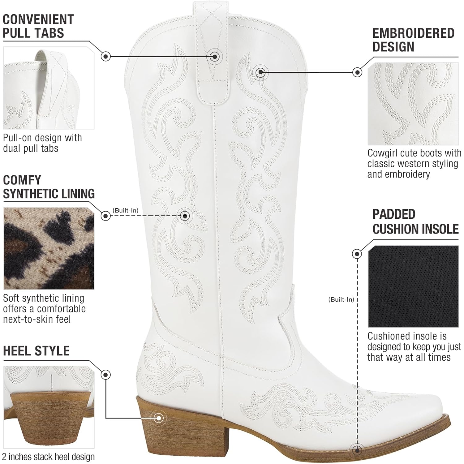 Hisea Rollda Cowboy Boots For Women Western Cowgirl Boots With Chunky Heel Ladies Snip Toe Mid-Calf Boots
