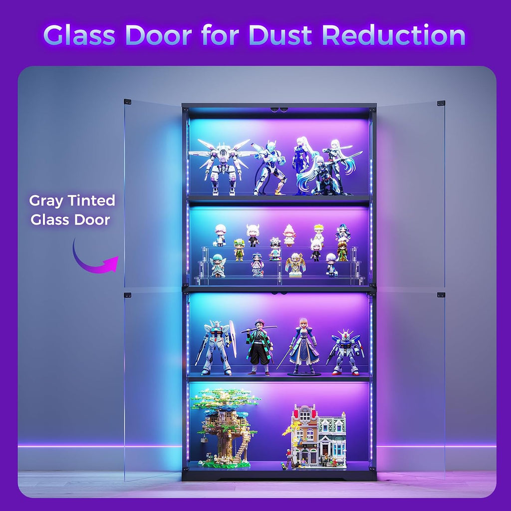 Aodk Glass Display Cabinet With Glass Doors, Rgb Light Display Case, 4-Tier Storage Cabinet Display Shelf For Showcase, Black Curio Cabinet For Collectibles