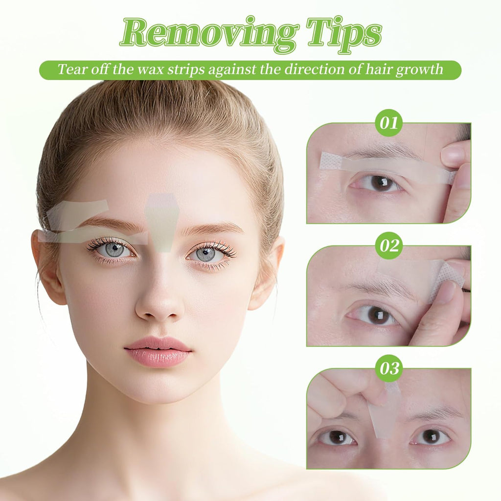 Eyebrow Wax Strips - 56 Strip Eyebrow & Upper Lip Hair Remover with 4 Soothing Wipes | Natural Beeswax Formula | Painless at Home Hair Removal for Women & Sensitive Skin | Lasts 6 Weeks