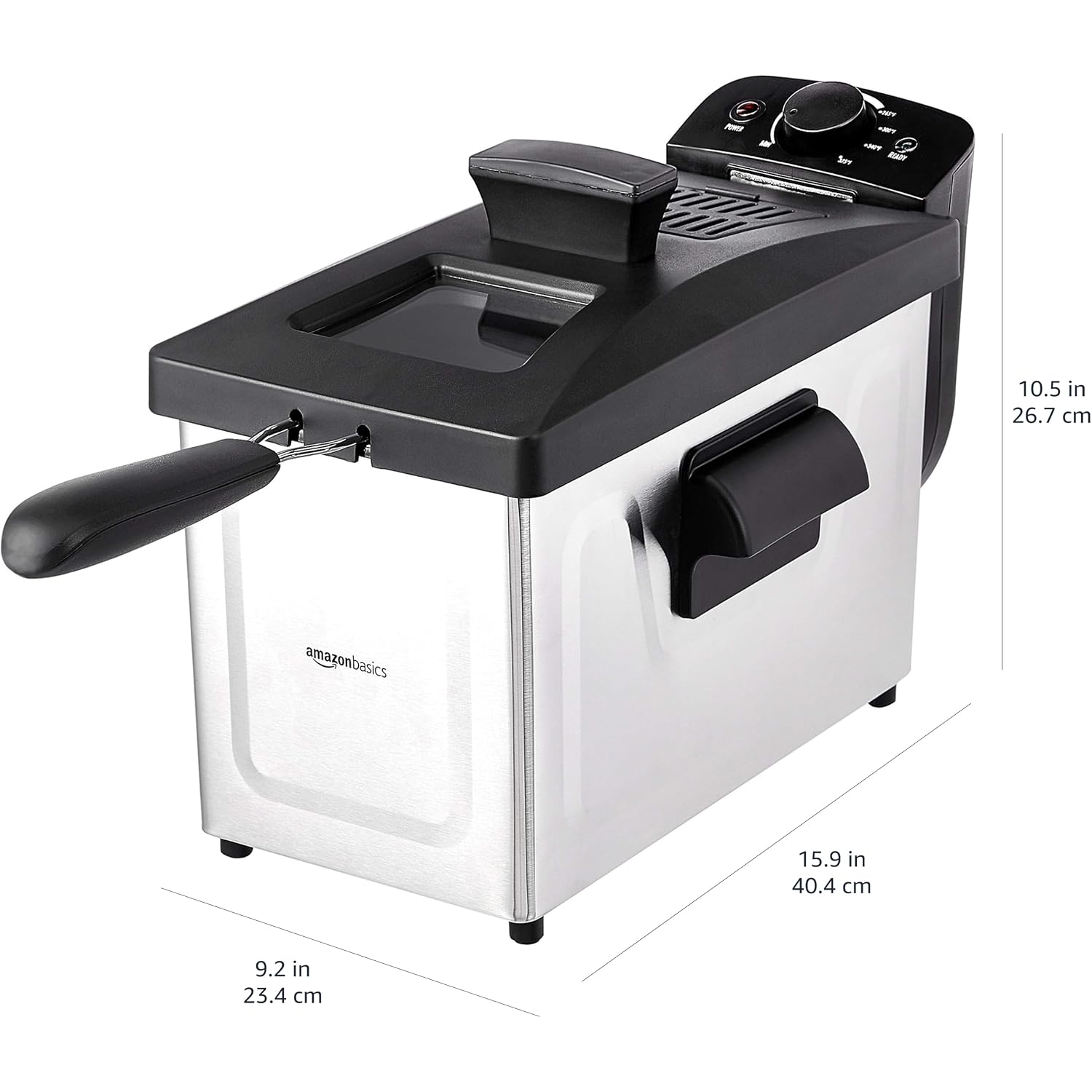 Amazon Basics 3.2-Qt (3.0L) Electric Deep Fryer With Adjustable Temperature Control, Easy Draining Basket, Viewing Window, Fast-Heating 1500W, Stainless Steel Exterior, Black & Silver