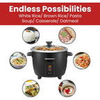 Elite Gourmet ERC003BX Electric Rice Cooker with Automatic Keep Warm Makes Soups, Stews, Grains, Hot Cereals, 6 Cups Cooked (3 Cups Uncooked), Black