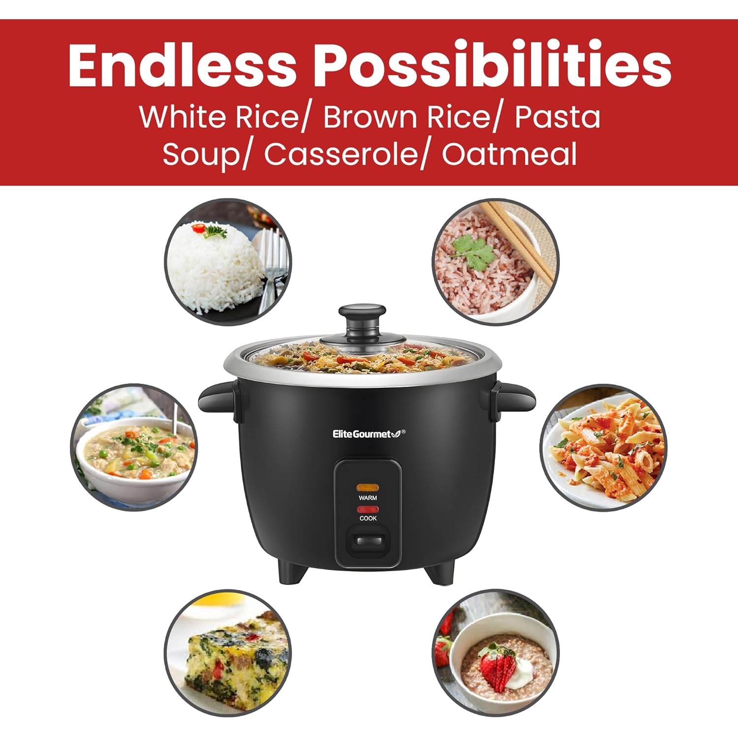 Elite Gourmet ERC003BX Electric Rice Cooker with Automatic Keep Warm Makes Soups, Stews, Grains, Hot Cereals, 6 Cups Cooked (3 Cups Uncooked), Black