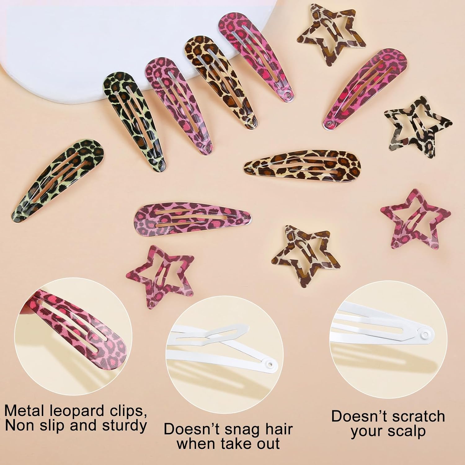 Metal Snap Hair Clips,8 Pairs Hair Barrettes For Women - Star & Water Drop Hair Barrettes, Non-Slip Y2K Accessories For Thin Thick Hair,Pink And Brown Leopard Print
