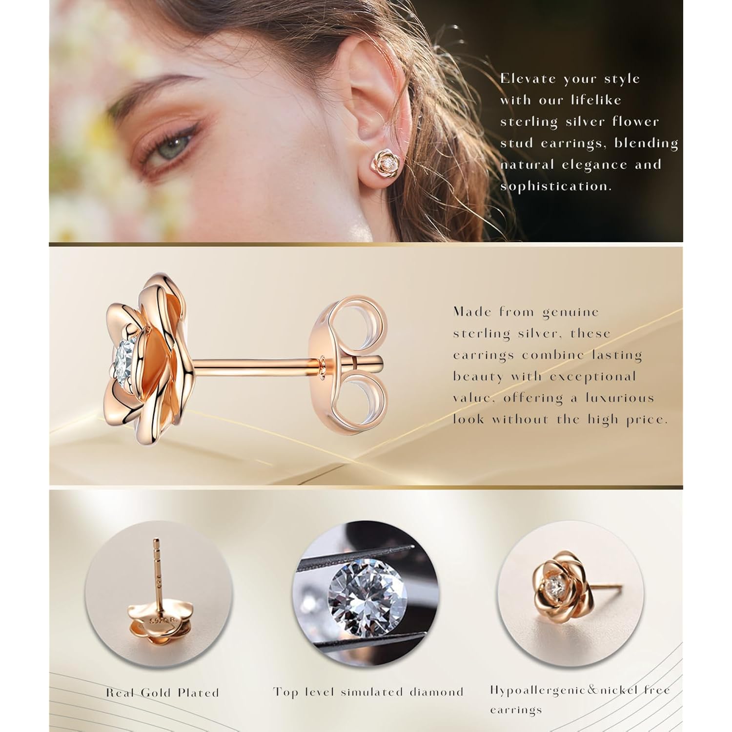 Gold Plated Sterling Silver Rose Flower Earring Studs, Hypoallergenic & Nickel Free Earrings for Women
