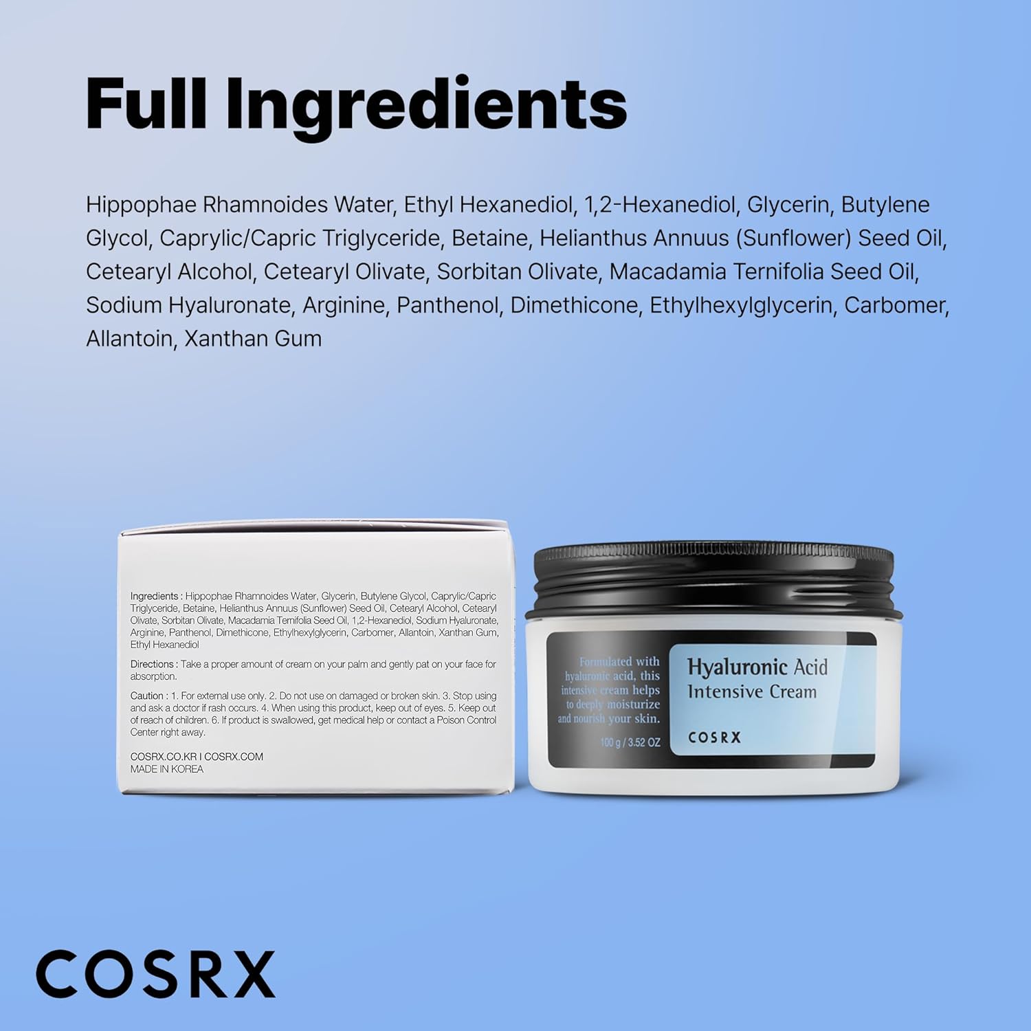 COSRX Hyaluronic Acid Moisturizing Cream, Lightweight, Non-Greasy, Long-lasting Hydration for Glass Skin, Daily Moisturizer for Sensitive Skin, Moisture Barrier Repair, Korean Skin Care, 3.52 oz