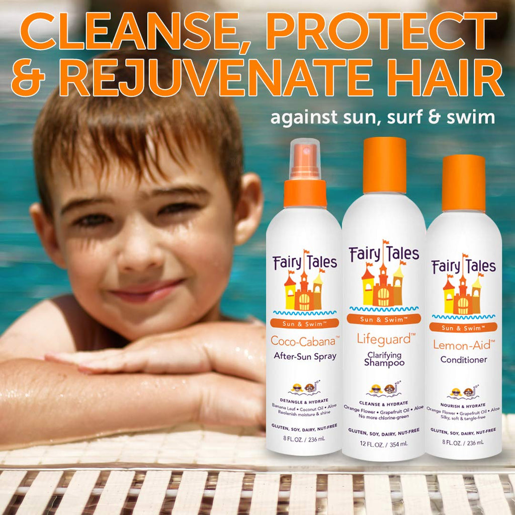 Fairy Tales Sun & Swim Shampoo & Conditioner For Kids - Chlorine Removal Swim Shampoo, Removes Green Pool Tones, Sea Salt & Mineral Buildup - Delicious Tropical Scent– 12Oz + 8Oz