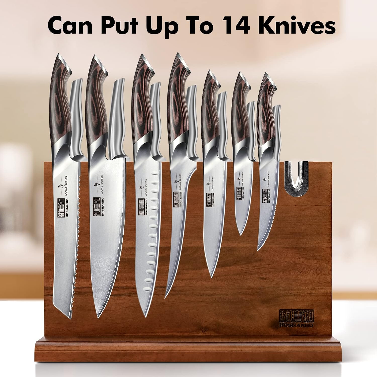 Hoshanho Magnetic Knife Block 14 X 10 Inches, Double Sided Magnetic Knife Holder Rack For Kitchen Counter, Acacia Wood Magnetic Knife Storage Stand With Knife Sharpener