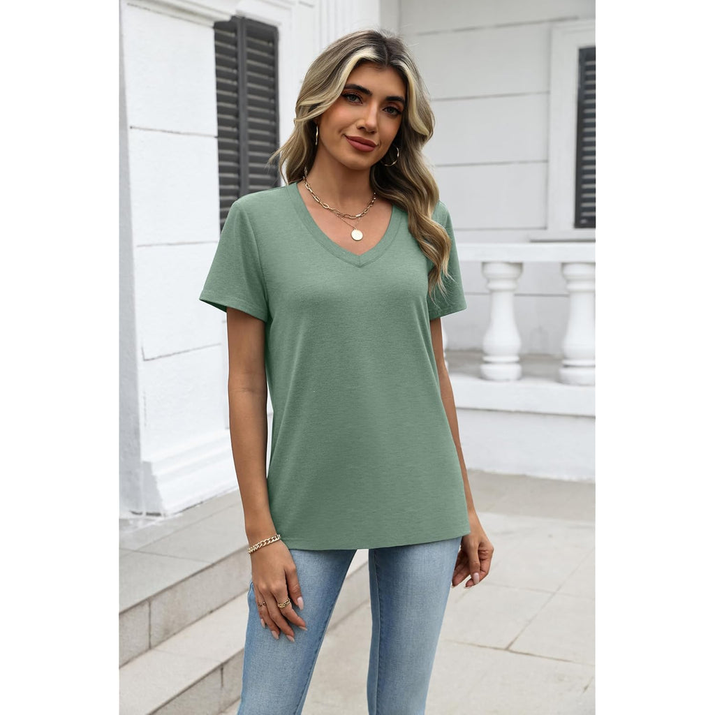 Womens Tops Summer Casual Short Sleeve Tshirts Business Basic Spring V-Neck Shirts Outfits S-3XL