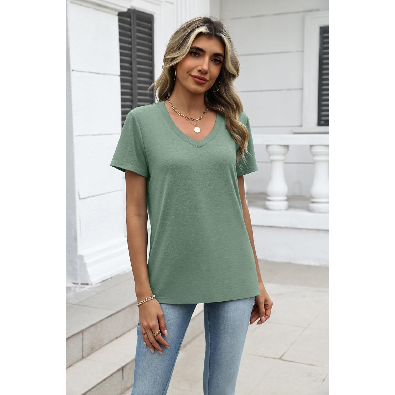 Womens Tops Summer Casual Short Sleeve Tshirts Business Basic Spring V-Neck Shirts Outfits S-3XL