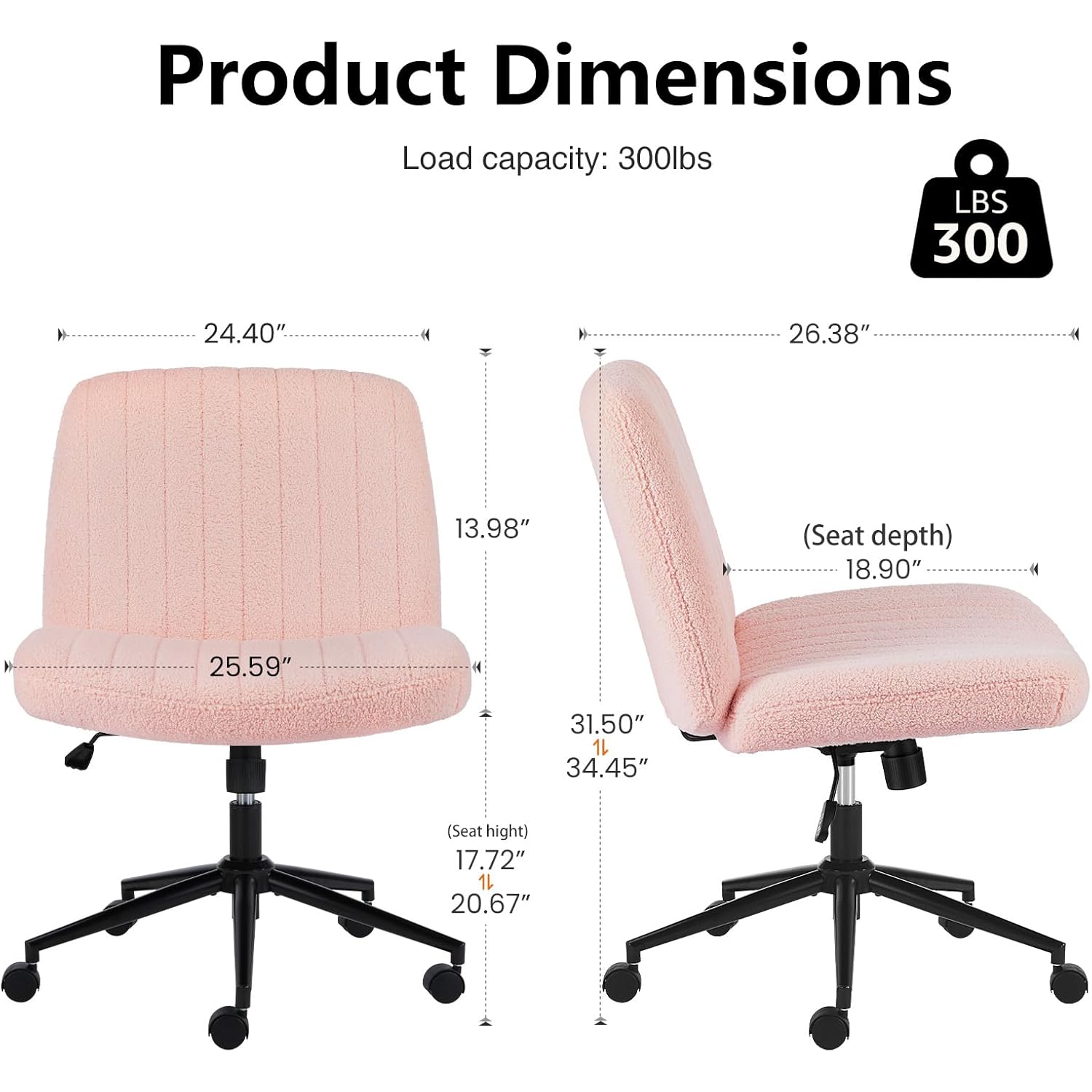 OLIXIS Criss Cross Chair with Wheels Wide Cross Legged Office Desk Vanity Chair Comfy Fabric Armless Adjustable Swivel for Home Computer Task Teddy Pink