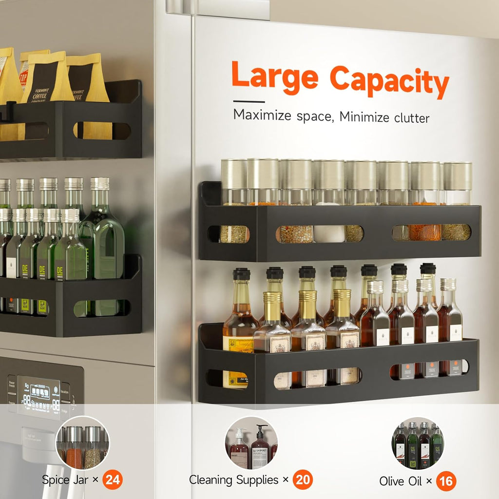 4-Pack Magnetic Spice Rack For Refrigerator With Hooks, Black | Strong Multipurpose Magnetic Shelf For Kitchen & Bathroom Organization. Includes 4 Removable Hooks For Hanging Items.