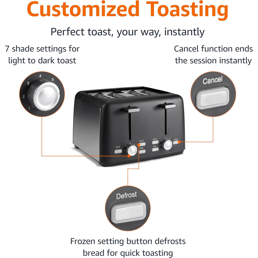 Amazon Basics 4 Slice Toaster, 7 Browning Settings, Extra Wide Slots for Bagels and Specialty Breads, Removable Crumb Tray, Cancel/Defrost/Bagel Buttons, 1500W, Black & Silver