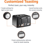 Amazon Basics 4 Slice Toaster, 7 Browning Settings, Extra Wide Slots for Bagels and Specialty Breads, Removable Crumb Tray, Cancel/Defrost/Bagel Buttons, 1500W, Black & Silver